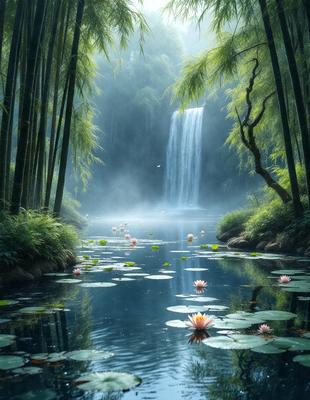 The primary subject of the image is a beautiful waterfall surrounded by a forest. The waterfall is located in the middle of the scene, and the surrounding forest is filled with trees and lush greenery. The visual style of the image is a combination of photo and digital art, creating a serene and natural atmosphere. The colors and mood of the image are predominantly green, with the waterfall and forest providing a sense of tranquility and harmony with nature.